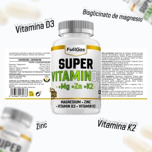 Super Vitamina D3 (con Magnesio Bisglicinato + Zinc + K2) - 120 cápsulas