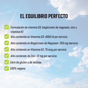 Super Vitamina D3 (con Magnesio Bisglicinato + Zinc + K2) - 120 cápsulas